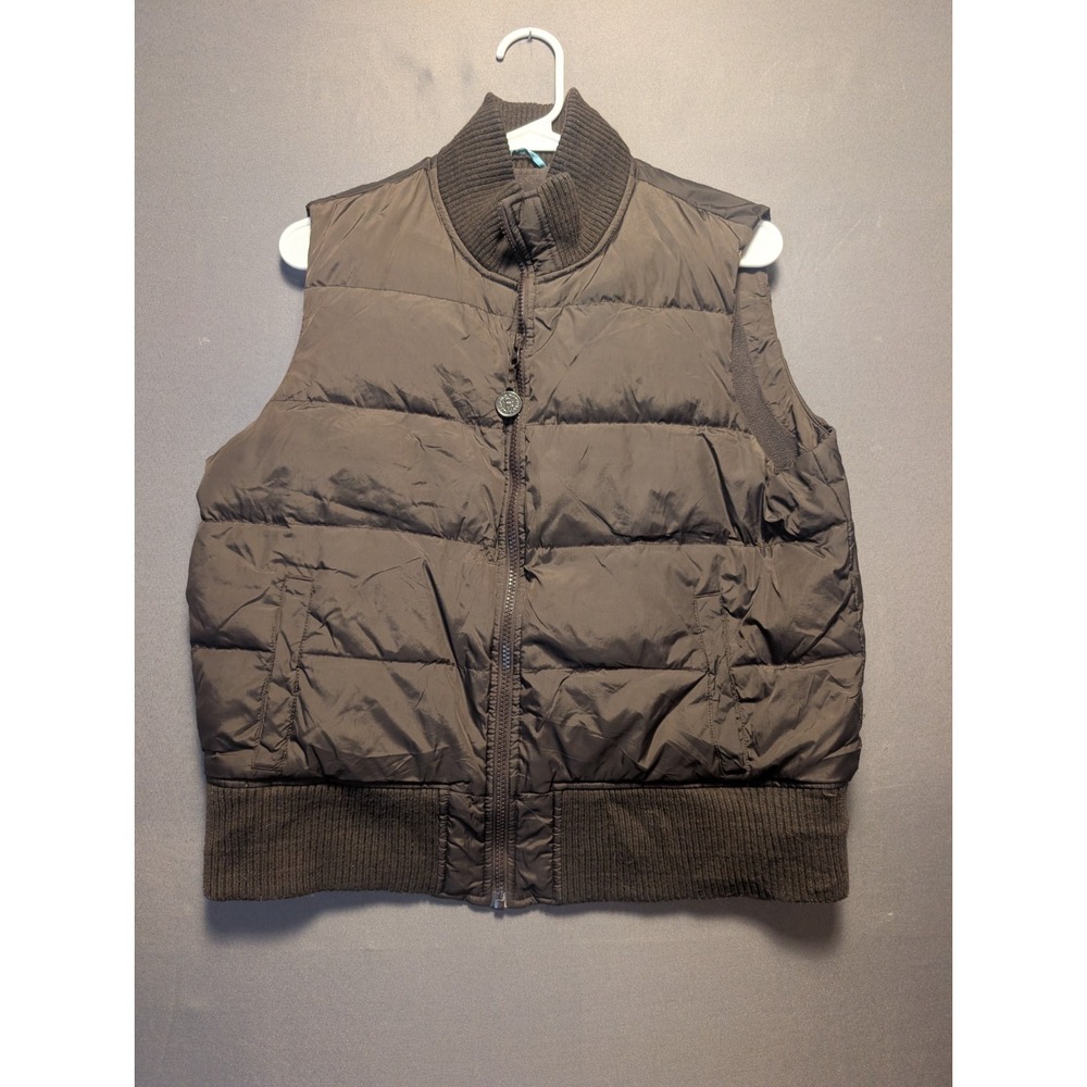 Old Navy Puffer Vest Womens Large Brown Lined Ribbed Trim Mock Neck Full Zip